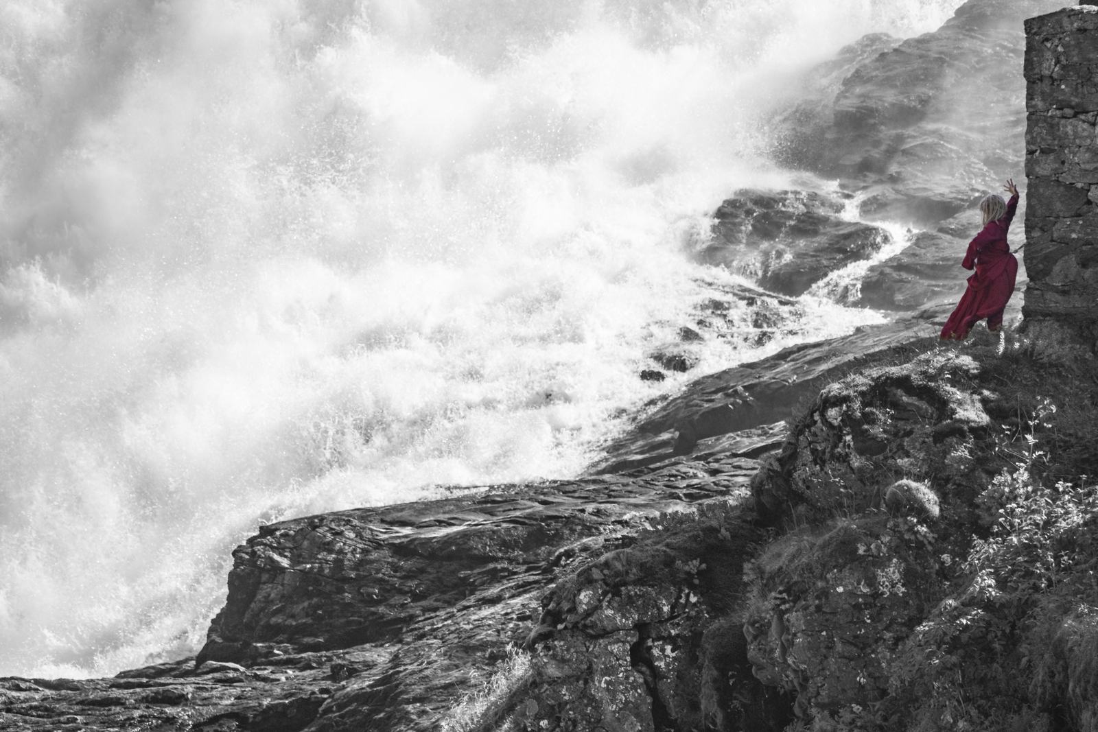 Red coat, white water